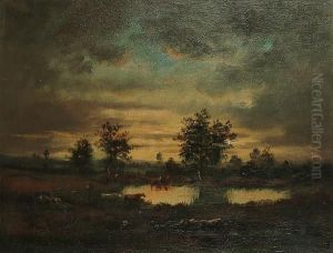 A Landscape At Dusk With Horses Drinking From A Lake