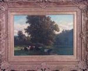 Cattle Grazing At The Edge Of A Stream by Theodore Rousseau