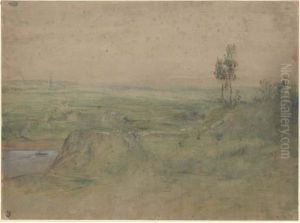 A Cliff Overlooking A Small Village Along A River Near Meudon by Theodore Rousseau
