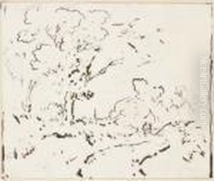 Un Paysage Avec Une Route Et Des Personnages, Un Village Dans Lefond by Theodore Rousseau