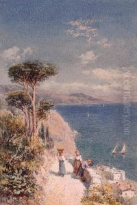 Figures On A Cliff Path, Near Positano, Bay Of Naples by Charles Rowbotham