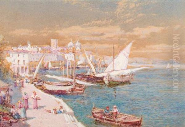 Figures At A Market In A Harbour - view 1