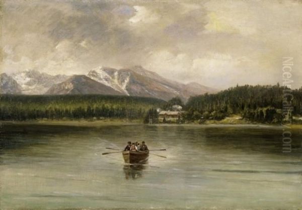 Rowers On The Lakeside, With Snowy Mountain Peaks In The Background - view 1