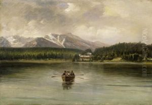 Rowers On The Lakeside, With Snowy Mountain Peaks In The Background by Karoly Telepy