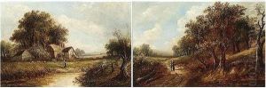 Feeding The Chickens By The Riverside Cottage, Figures By A River, A Pair by Joseph Thors