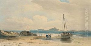 Figures On The Shore With Bamburgh Castle Beyond, Northumberland by John Varley