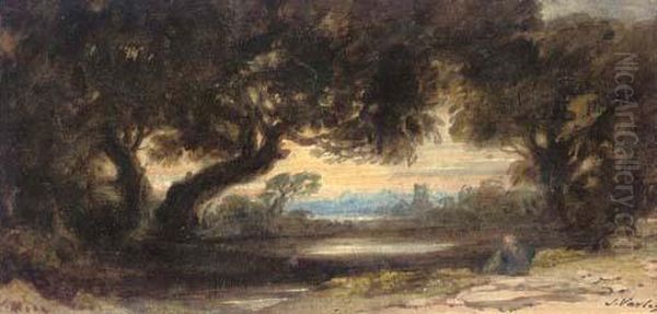 A Figure Beside A Wooded Pool With A Church In The Distance - view 1