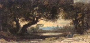 A Figure Beside A Wooded Pool With A Church In The Distance A Figure Beside A Wooded Pool With A Church In The Distance