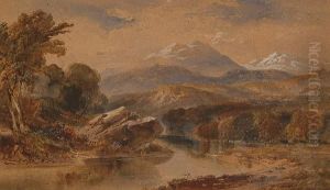 A River Landscape With Snow Capped Mountains Beyond. by John Varley