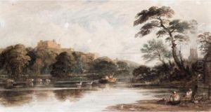 Figures On The Bank Of The Thames With A Castle On A Hill Top Beyond by John Varley