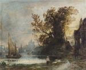The Thames At Chiswick With The Church Of St. Nicholas On The Horizon by John Varley