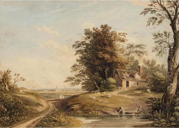 Sheep Grazing By A Cottage, A Church In The Distance - view 1