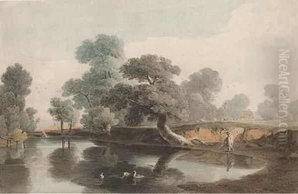 A Shepherd By A Tree-lined Pond - view 1