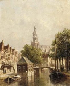 Barges On A Canal With A Church Beyond by Pieter Gerard Vertin
