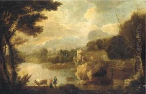 An Italianate Landscape With Figures And Cattle By A River, A Castle Beyond
