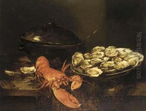 Oysters, A Lobster, And A Soup Tureen On A Table by Antoine Vollon