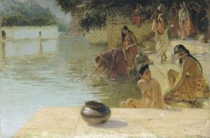 Indian Women Bathing Near Tripolia Ghat On Pichola Lake, Udaipur by Edwin Lord Weeks