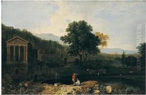 An Italian River Scene, With The
Temple Of Clitumnus And Ruins, Two Figures And Cows In Foreground by Richard Wilson