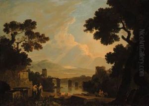 A Capriccio Landscape With The 
Temple Of The Sibyl At Tivoli Andthe Broken Bridge At Narni