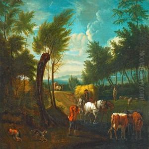 Landscape With Peasants And Wagons by Pieter Wouwermans or Wouwerman