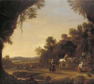 An Italianate Landscape With Travellers Resting On A Path Near A River by Thomas Wyck