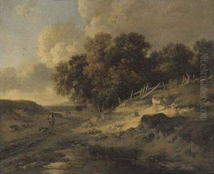 A Woodside Track With Travellers And Dogs by Jan Wijnants