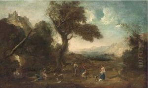 An Extensive Landscape With Huntsmen In The Foreground by Francesco Zuccarelli