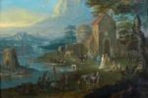 Les Abords Animes D'une Ville Pres D'une Riviere by Karl Joseph Aigen