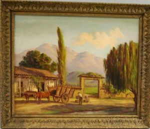 Figures Loading An Ox Cart Before A Farmhouse Gate