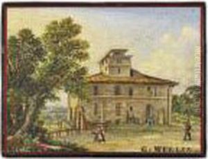 A Rural European Home With Figures To The Foreground Within A Silver Surround by George Wilfred Antony