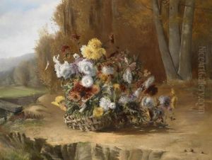 Basket Of Asters In A Landscape by A. Barbier