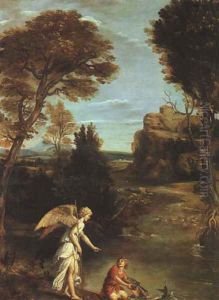 Landscape with Tobias Laying Hold of the Fish 1617-18 by Domenico Zampieri (Domenichino)