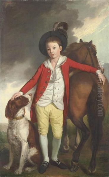 Portrait Of Boy, Possibly J. 
Langlands, Full-length, In A Red Coat, White Waistcoat, Yellow Breeches,
 Silver-buckled Shoes And A Feathered Hat, Flanked By A Pony And A Hound - view 1
