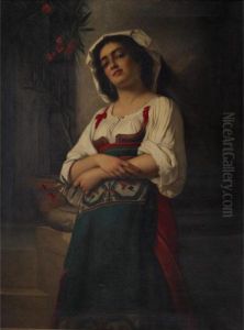 Pretty Peasant Girl Holding Lilies by Francesco Bettio