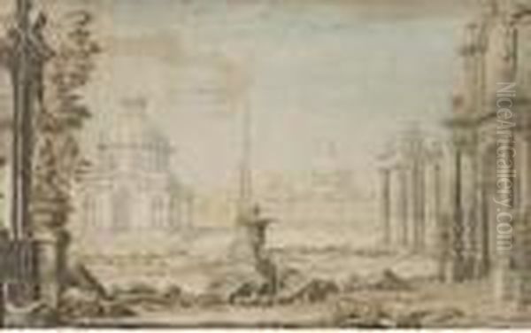 Projet De Decor De Theatre: Une
Grande Place Avec Des Temples Et Un Obelisque, Des Debris Au Milieu - view 1