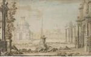 Projet De Decor De Theatre: Une
Grande Place Avec Des Temples Et Un Obelisque, Des Debris Au Milieu by Giovanni Carlo Bibiena