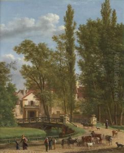 Villagers And Animals In A Landscape Beside A Bridge At The Entrance Of A Village