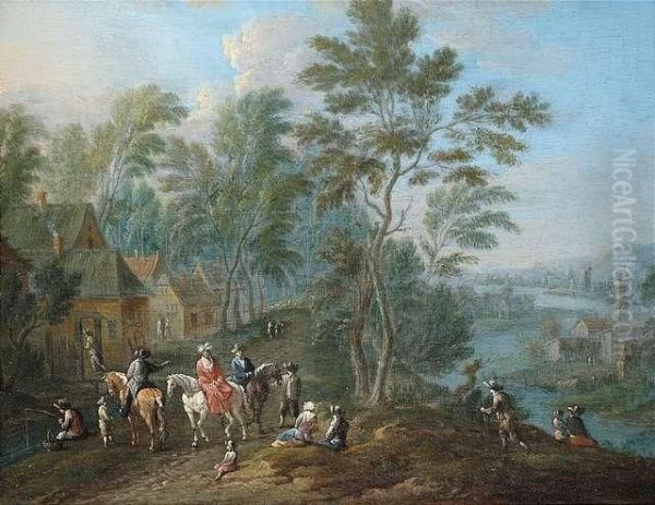 Weite Flusslandschaft Mit Reisenden Und Bauern Auf Einem Fahrweg - view 1