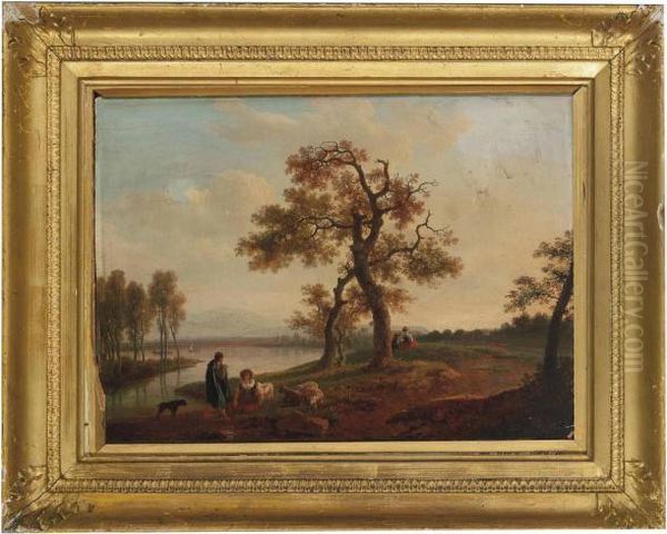 An Extensive River Landscape With A Shepherd And Shepherdess Resting On A Bank - view 1