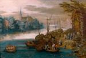 Embarcadere Devant Un Village Anime De Nombreux Personnages by Johann Hans Boets