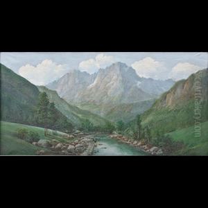 Veduta Fluviale Con Montagne E Pescatore by Jean-Baptiste Bonacina