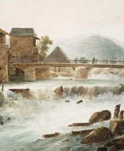 Pere Et Son Fils Traversant Une Riviere De Montagne by Christian Brune