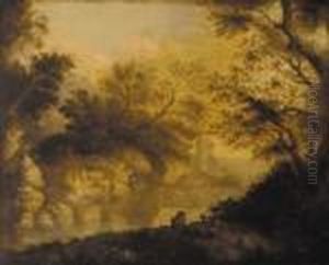 An Angler In A Wooded River Landscape, A Ruined Castle Beyond by John Butts