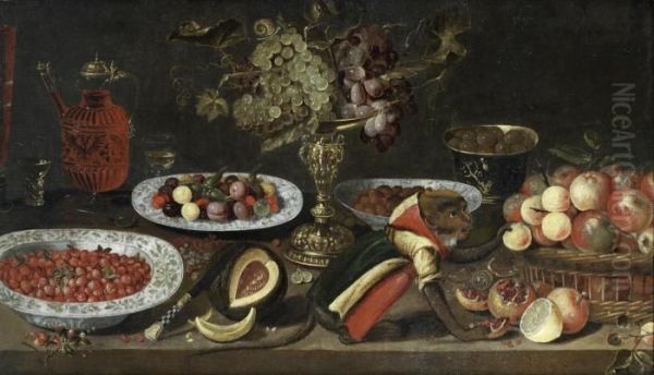 Grapes In A
Tazza
, A Glass And Carafe Of Red Wine, A Bowl Of Strawberries, A Split Melon,
A Clothed Monkey, A Bowl Of Olives And A Basket Of Apples On A Wooden
Table - view 1
