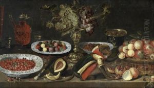 Grapes In A 
Tazza 
, A Glass And Carafe Of Red Wine, A Bowl Of Strawberries, A Split Melon,
 A Clothed Monkey, A Bowl Of Olives And A Basket Of Apples On A Wooden 
Table by Artus Claessens