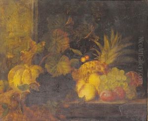 A Pumpkin, A Pineapple, Grapes, Plums, Peaches, Cherries And A Pomegranate On A Table