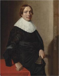 Portrait Of A Man, Half-length, 
In A Black Doublet And Cloak, With A Ruff, Resting His Right Hand On A 
Table And Holding A Glove