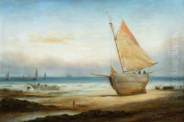 A Beached Fishing Vessel At Sunset With Further Fishing On The Horizon - view 1