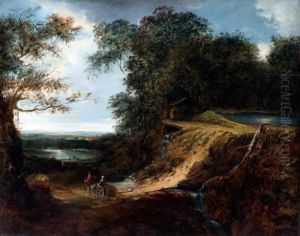 Reizigers Met Paard En Wagen In Boomrijk Heuvellandschap