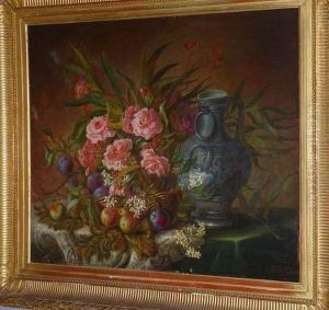 Nature Morte Au Bouquet De Roses Avec Fruits Et Vase Sur Unentablement.